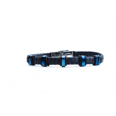 Bracelet acier 2 tons bleu et blanc - homme - cuir tressé bleu - 21 cm