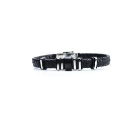 Bracelet acier 2 tons noir et blanc - homme - cuir tressé noir - 21 cm