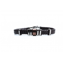 Bracelet acier 2 tons marron et blanc - homme - cuir tressé marron - 21 cm