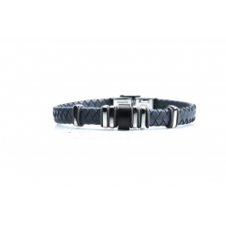 Bracelet acier 2 tons noir et blanc - homme - cuir tressé gris - 21 cm