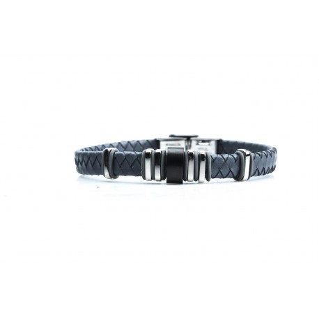 Bracelet acier 2 tons noir et blanc - homme - cuir tressé gris - 21 cm