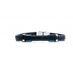Bracelet acier 2 tons bleu et blanc - homme - cuir tressé noir - 21 cm
