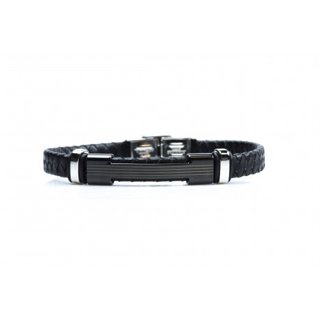 Bracelet acier 2 tons noir et blanc - homme - cuir tressé noir - 21 cm