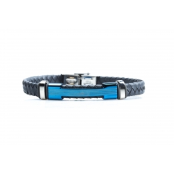 Bracelet acier 2 tons bleu et blanc - homme - cuir tressé gris - 21 cm