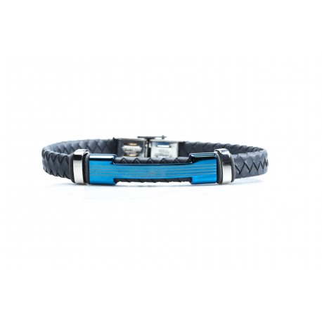 Bracelet acier 2 tons bleu et blanc - homme - cuir tressé gris - 21 cm