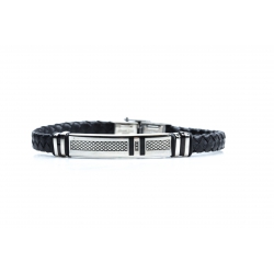 Bracelet acier 2 tons noir et blanc - homme - cuir tressé noir - émail noir - 21  cm