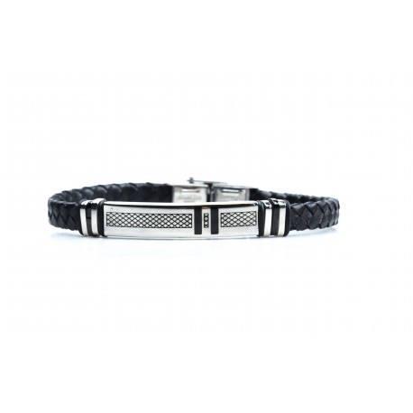 Bracelet acier 2 tons noir et blanc - homme - cuir tressé noir - émail noir - 21  cm
