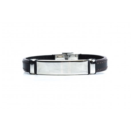 Bracelet acier - homme - cuir noir et finition noire - 21 cm