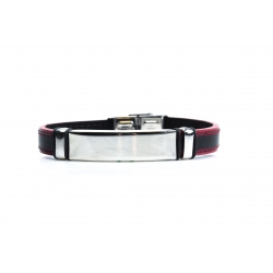 Bracelet acier - homme - cuir noir et finition rouge - 21 cm