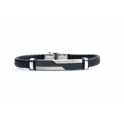 Bracelet acier 2 tons noir et blanc - homme - cuir tressé noir - 21 cm