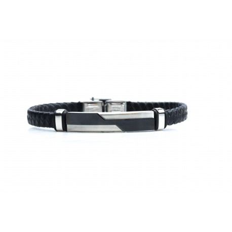 Bracelet acier 2 tons noir et blanc - homme - cuir tressé noir - 21 cm