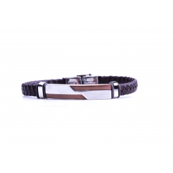 Bracelet acier 2 tons marron et blanc - homme - cuir tressé marron - 21 cm