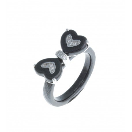 Bague argent rhodié 1,4g "nud papillon" - céramique noire - zircons T 52 à 58