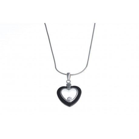Collier argent rhodié 4,3g "coeur" - céramique noire - zircon - 40 cm