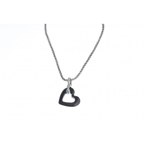 Collier argent rhodié 3,5g "coeur" - céramique noire - zircons - 45 cm