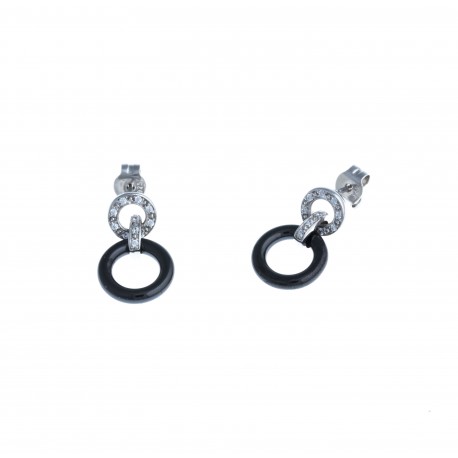 Boucles d'oreille argent rhodié 1,8g - céramique noire - zircons