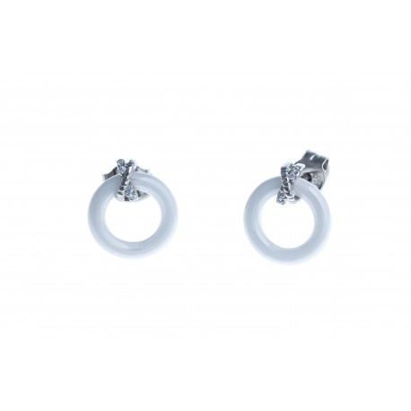 Boucles d'oreille argent rhodié 1,1g - céramique blanche - zircons