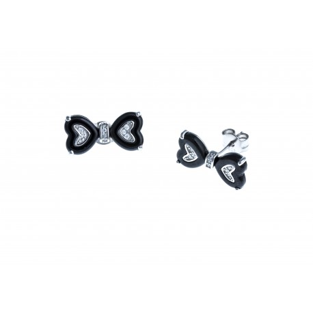 Boucles d'oreille argent rhodié 2,8g  "nud papillon" - céramique noire - zircon