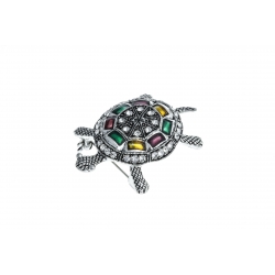 Broche fantaisie "tortue" - vieil argent - cristal