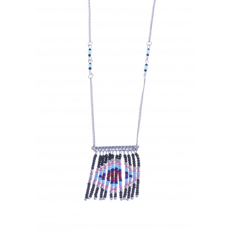Collier fantaisie - finition argentée - perles multicolores - 45+8cm