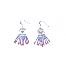 Boucles d'oreille fantaisie "cage aux oiseaux" - finition argentée - perles mult