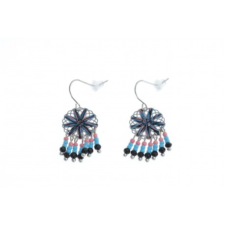 Boucles d'oreille fantaisie - finition argentée - perles multicolores