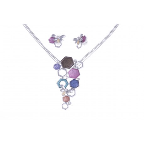 Parure fantaisie - collier époxy multicolore - 41+8 cm + boucles d'oreille assor