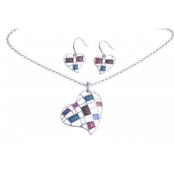 Parure fantaisie "coeur" - collier époxy multicolore - 41+8 cm + boucles d'oreil