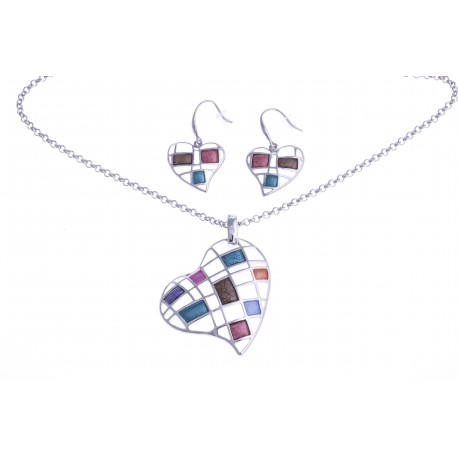 Parure fantaisie "coeur" - collier époxy multicolore - 41+8 cm + boucles d'oreil