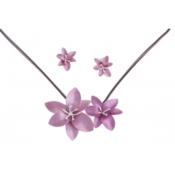Parure fantaisie "fleurs" - collier époxy rose - 41+8 cm + boucles d'oreille ass