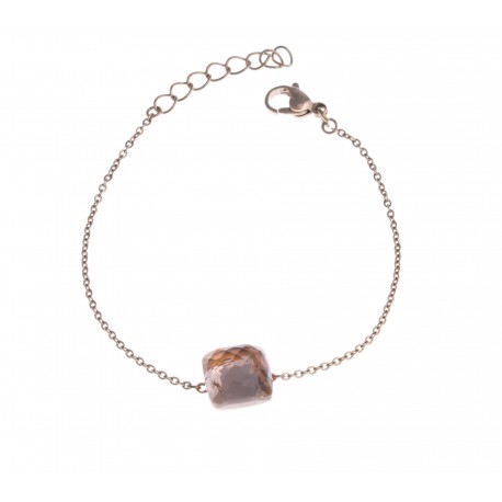 Bracelet acier rosé - verre rose - 17+3cm