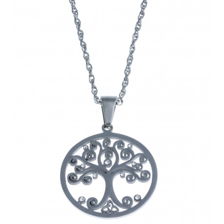 Collier acier "arbre de vie" - strass - 45cm