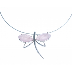 Collier argent rhodié 13g "libéllule" - quartz rose - 38+5 cm