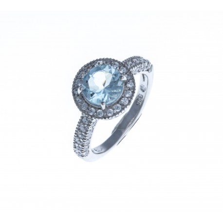 Bague argent rhodié 3,6g - zircons - topaze bleue - T 50 à 60