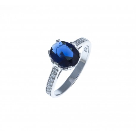 Bague argent rhodié 2,5g - zircons - saphir synthétique - T 50 à 60