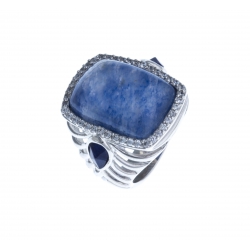 Bague argent rhodié 7,6g - sodalite - quartz bleu - zircons - T 50 à 60