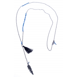 Sautoir fantaisie - finition argentée - perles multicolores - plume et pompon -