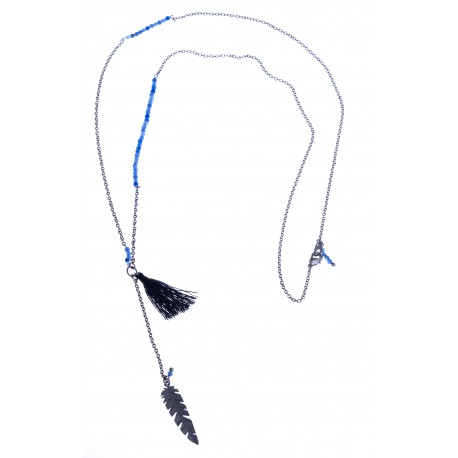 Sautoir fantaisie - finition argentée - perles multicolores - plume et pompon -
