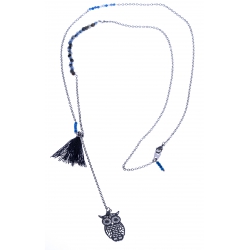 Sautoir fantaisie "hibou" - finition argentée - perles multicolores - 70cm