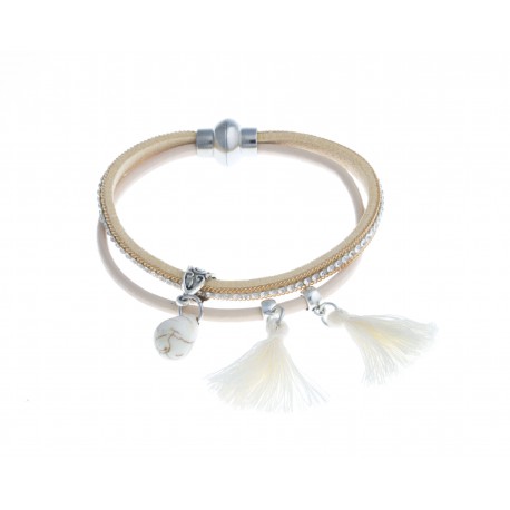 Bracelet fantaisie beige strass et pompon - 20 cm