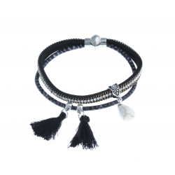 Bracelet fantaisie noir strass et pompons - 20 cm
