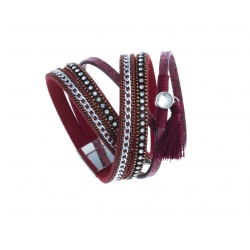 Bracelet fantaisie rouge - 2 rangs - strass - chaine argenté et cristal - 39 cm