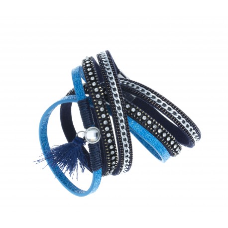 Bracelet fantaisie bleu - 2 rangs - strass - chaine argenté et cristal - 39 cm