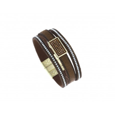 Bracelet fantaisie marron strass - finition dorée - 19,5 cm