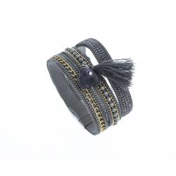 Bracelet fantaisie gris strass - chaine doré - pompon - 19,5 cm