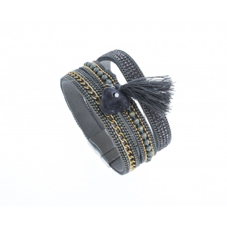 Bracelet fantaisie gris strass - chaine doré - pompon - 19,5 cm