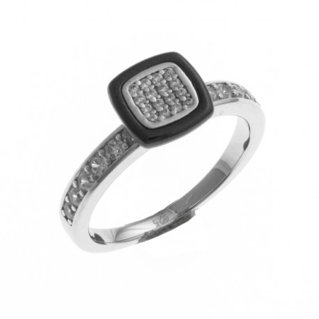 Bague argent rhodié 3,3g - céramique noire - zircons - T 52 à 60