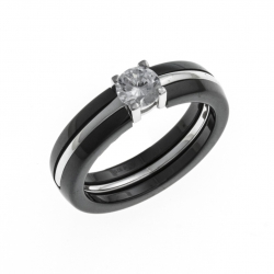 Bague argent rhodié 1,7g - céramique noire - zircon - T 52 à 60