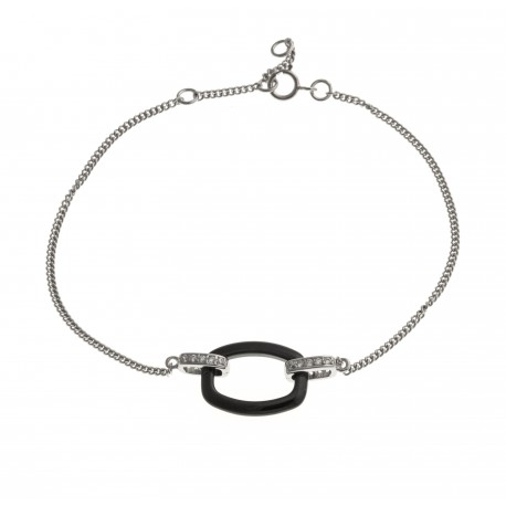Bracelet argent rhodié 2,3g - céramique noire - zircons - 17+1+1 cm