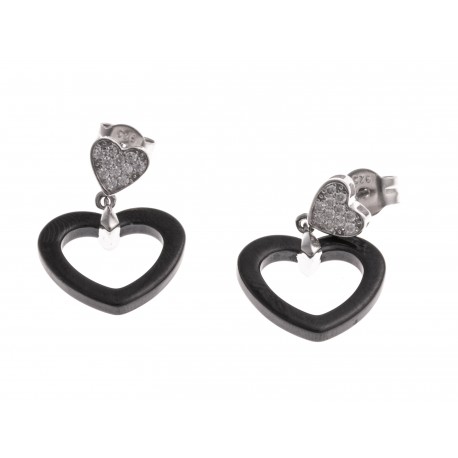 Boucles d'oreille argent rhodié 2,2g - "coeurs" - céramique noire – zircons